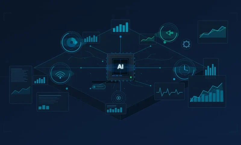 AIエージェントの活用例を表したイメージ図。中央のAIチップが分析・通信・スケジュール・データ可視化など各種業務アイコンと連携する様子を描いている。