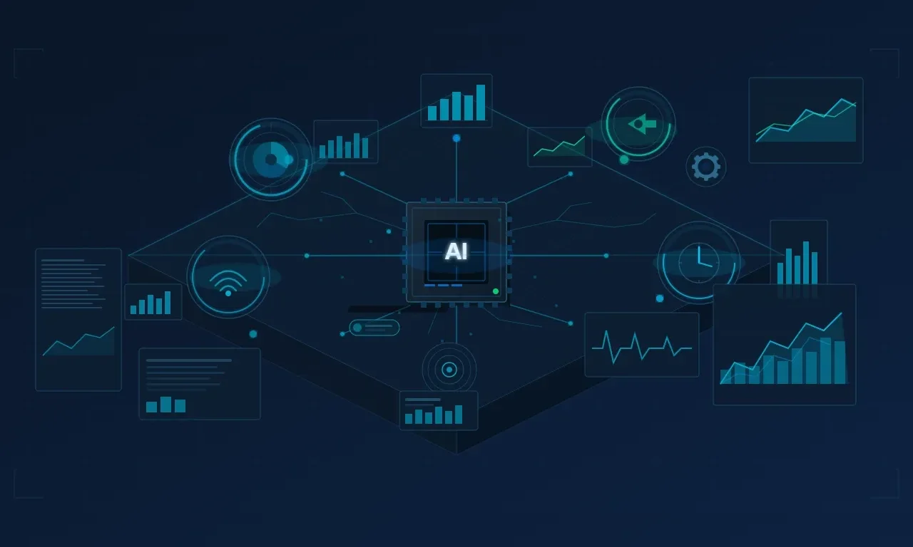 AIエージェントの活用例を表したイメージ図。中央のAIチップが分析・通信・スケジュール・データ可視化など各種業務アイコンと連携する様子を描いている。