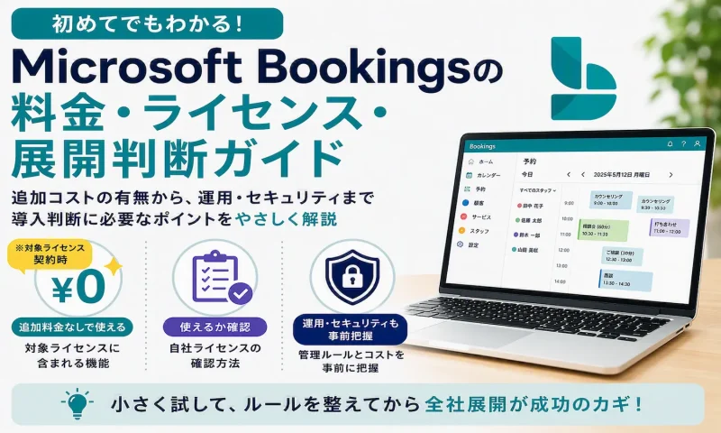 Microsoft Bookingsの管理画面が表示されたノートパソコンと、料金・ライセンス・導入判断のポイントをアイコンで示したアイキャッチ画像。