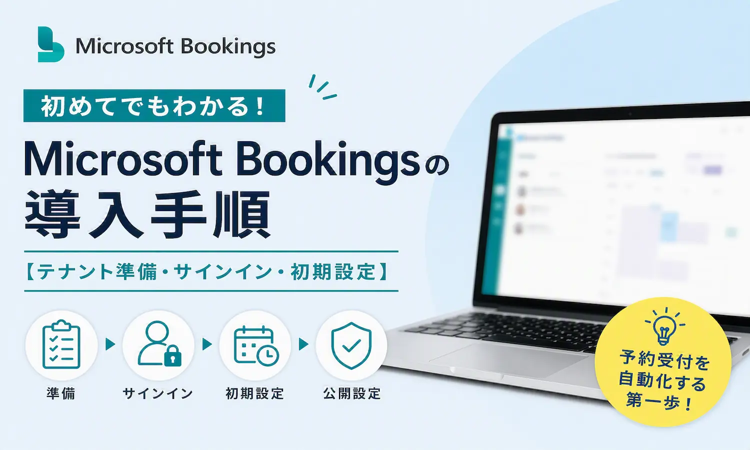 Microsoft Bookingsの導入手順を解説するアイキャッチ画像。準備・サインイン・初期設定・公開設定の4ステップアイコンと、Bookings管理画面を表示したノートパソコンを配置。
