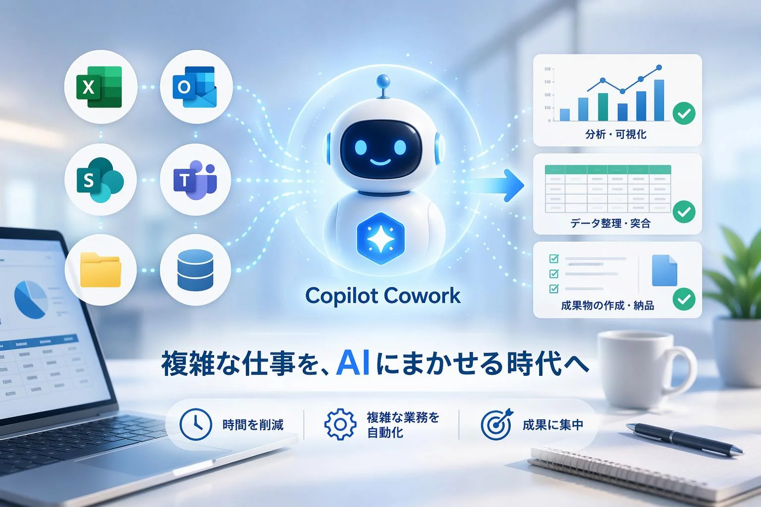 Copilot Coworkが複数ツールを連携し、データ整理・分析・成果物作成を自動化するイメージ