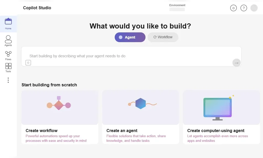 Microsoft Copilot Studioのホーム画面。エージェントやワークフローを、説明文の入力やテンプレートから新規作成できる操作画面。