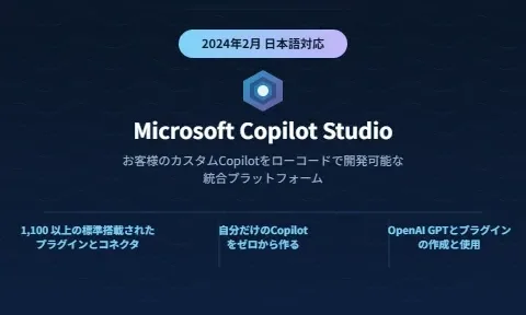 Copilot Studio導入事例の前提となるサービス概要図。お客様のカスタムCopilotをローコードで開発できる統合プラットフォームとして、標準プラグイン・連携や独自Copilotの作成といった特徴を示している。