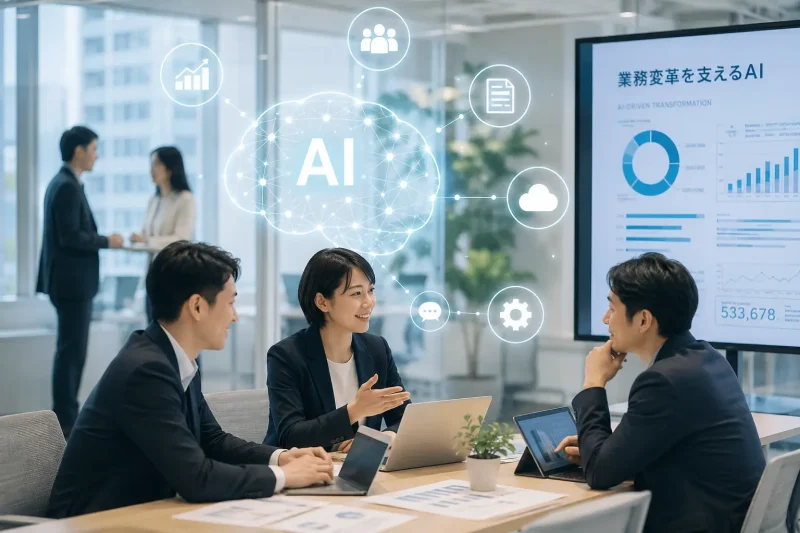 会議でAI活用について議論するビジネスパーソンと、AI・データ分析を象徴するアイコン群