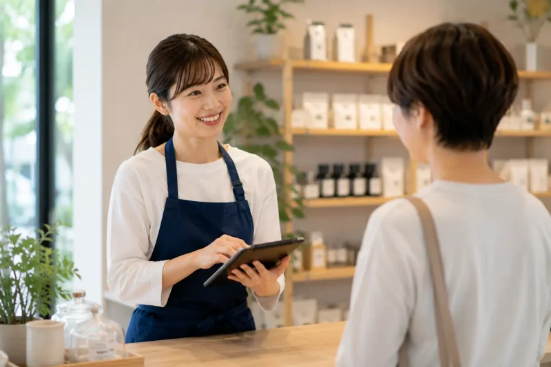 店舗スタッフがタブレットを使ってお客様と接客するシーン