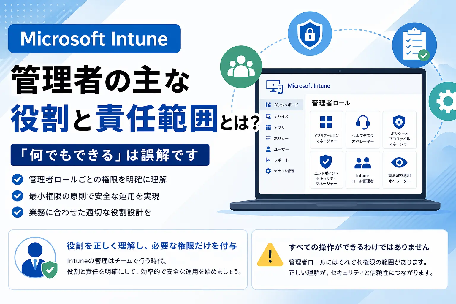 Intune管理者の役割と責任範囲を示すフラットデザインイメージ
