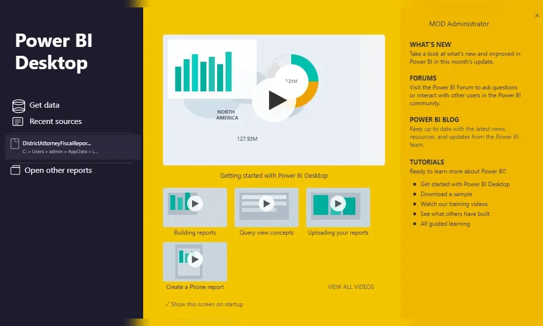 Power BI Desktopの起動画面。データ取得や最近のソース、チュートリアルへのリンクが並ぶ画面で、Power BI Desktop導入手順を解説する記事のアイキャッチ。