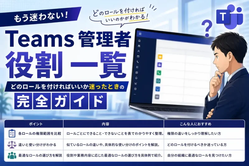 Teams管理者の役割一覧を解説する完全ガイドのアイキャッチ画像。管理画面を前に考えるビジネスマンと、各ロールの権限比較・使い分け・選び方の3つのポイントが表で示されている。