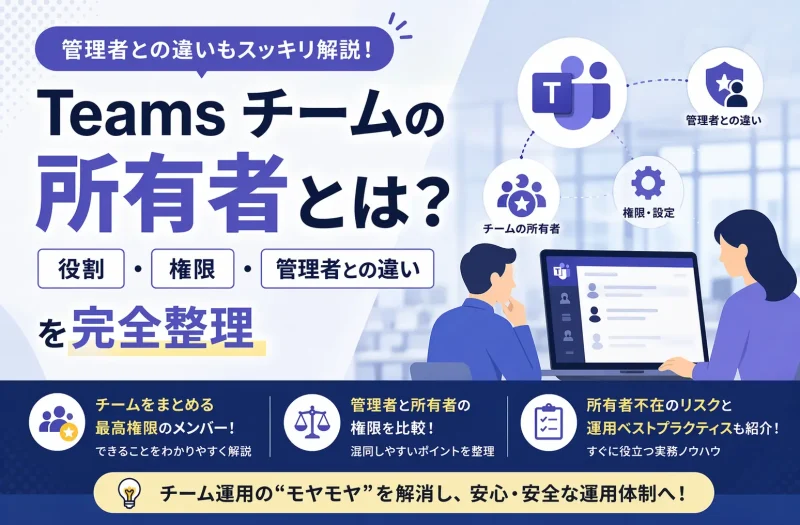 Teamsチームの所有者の役割・権限・管理者との違いを完全整理したガイドのアイキャッチ画像。PCを操作する男女のイラストと、権限比較・所有者不在のリスク・運用ベストプラクティスの3つのポイントが示されている。